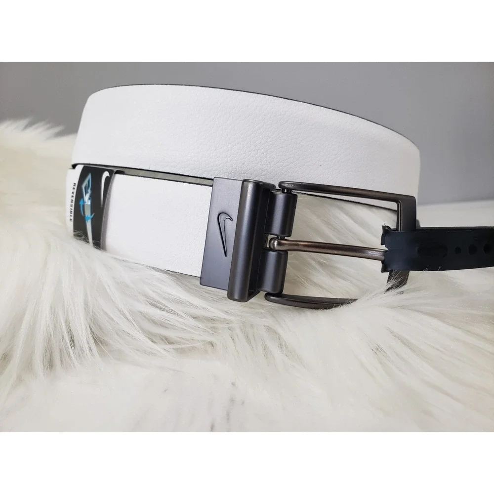 NEW SIZE 38 Nike Men's Reversible Dress Belt White Black Solid Logo Buckle Golf